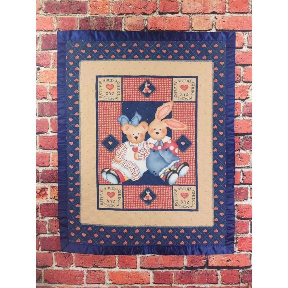 Teddy Bear Bunny Quilt, Rustic Cabin Heart Print, Satin Edge, Crib Baby Blanket